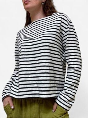 Wood wood Classic black and white striped cotton long sleeve boat neck top